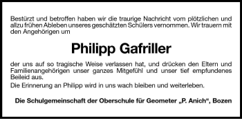 Traueranzeige von Philipp Gafriller von Dolomiten