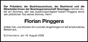 Traueranzeige von Florian Pinggera von Dolomiten
