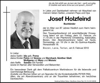 Traueranzeige von Josef Holzfeind von Dolomiten