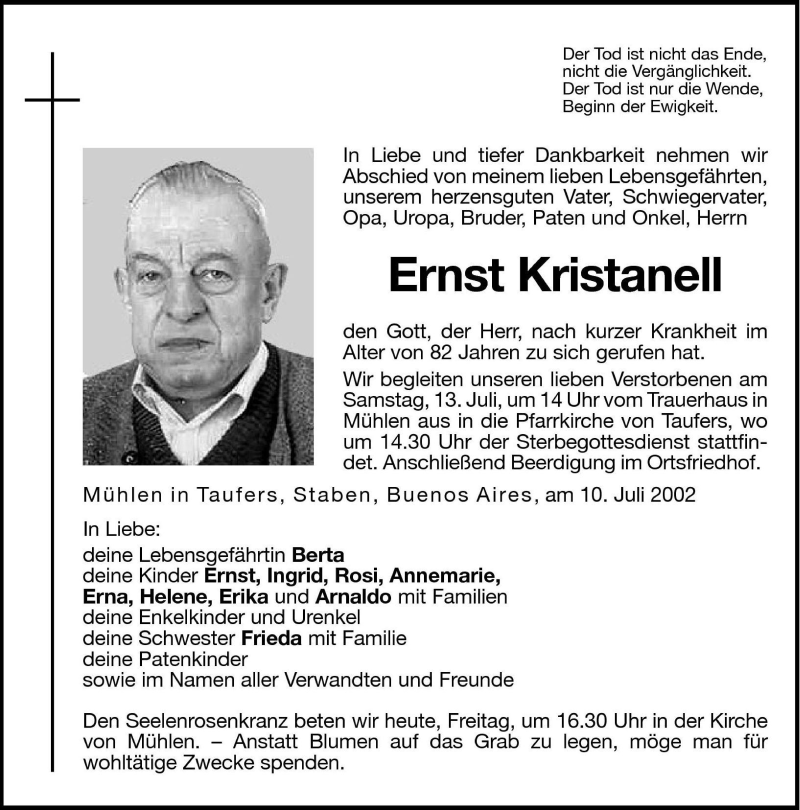  Traueranzeige für Ernst Kristanell vom 12.07.2002 aus Dolomiten