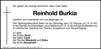 Traueranzeige von Reinhold Burkia von Dolomiten