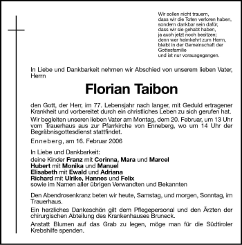 Traueranzeige von Florian Taibon von Dolomiten
