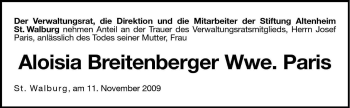 Traueranzeige von Aloisia Paris von Dolomiten