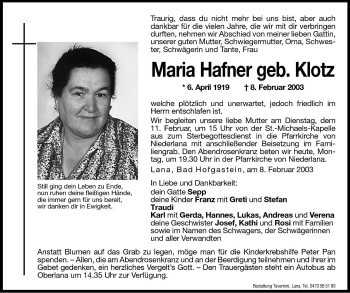 Traueranzeige von Maria Hafner von Dolomiten