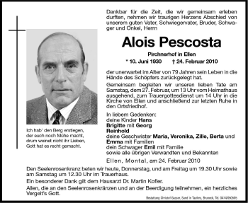 Traueranzeige von Alois Pescosta von Dolomiten