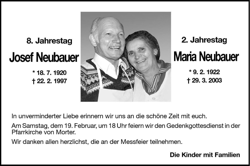  Traueranzeige für Josef Neubauer vom 18.02.2005 aus Dolomiten