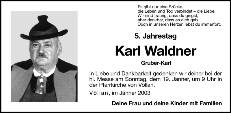  Traueranzeige für Karl Waldner vom 18.01.2003 aus Dolomiten