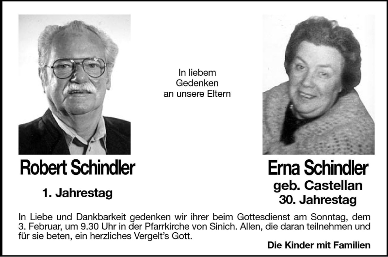  Traueranzeige für Erna Schindler vom 01.02.2002 aus Dolomiten