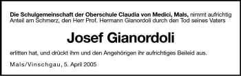 Traueranzeige von Josef Gianordoli von Dolomiten