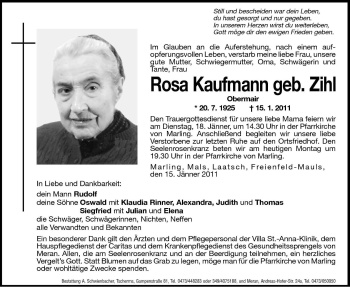 Traueranzeigen Von Rosa Kaufmann Trauer Bz