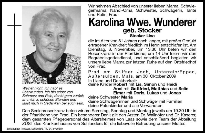  Traueranzeige für Karolina Wunderer vom 31.10.2009 aus Dolomiten
