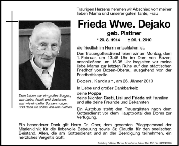 Traueranzeige von Frieda Dejako von Dolomiten