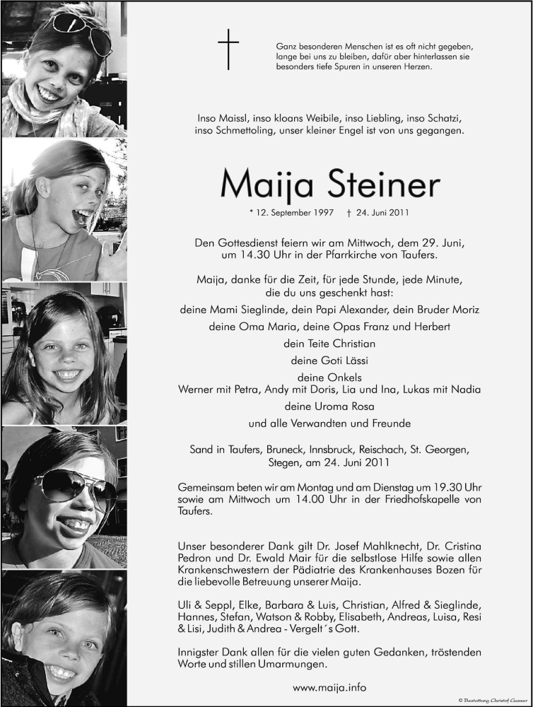  Traueranzeige für Maija Steiner vom 27.06.2011 aus Dolomiten