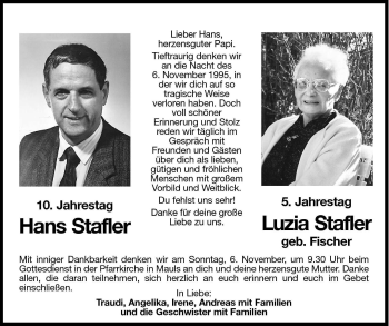 Traueranzeige von Hans Stafler von Dolomiten