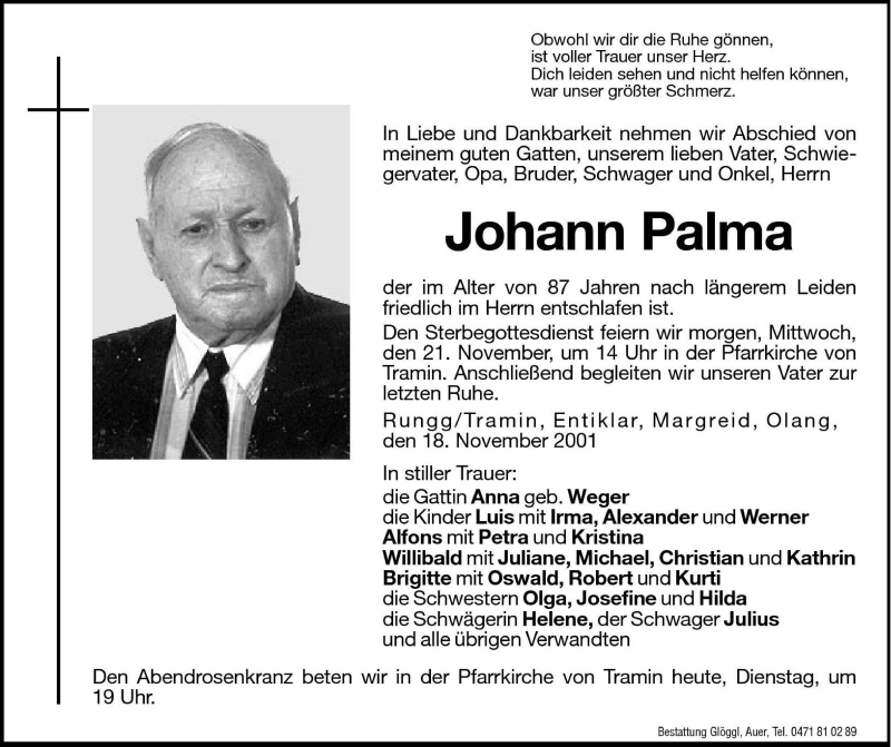  Traueranzeige für Johann Palma vom 20.11.2001 aus Dolomiten