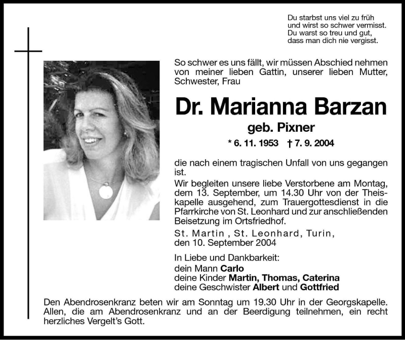  Traueranzeige für Marianna Barzan vom 11.09.2004 aus Dolomiten