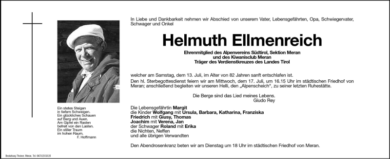  Traueranzeige für Helmuth Ellmenreich vom 15.07.2002 aus Dolomiten