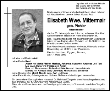 Traueranzeige von Elisabeth Mittermair von Dolomiten