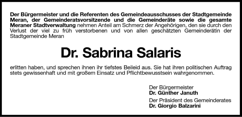  Traueranzeige für Sabrina Salaris vom 25.08.2009 aus Dolomiten