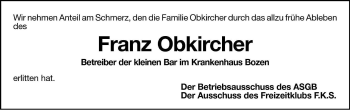 Traueranzeige von Franz Obkircher von Dolomiten