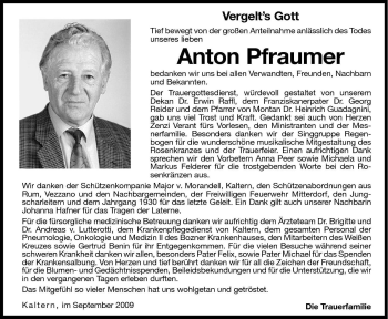 Traueranzeige von Anton Pfraumer von Dolomiten