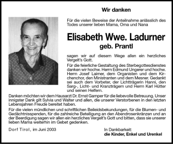 Traueranzeige von Elisabeth Ladurner von Dolomiten
