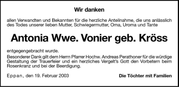 Traueranzeige von Antonia Vonier von Dolomiten