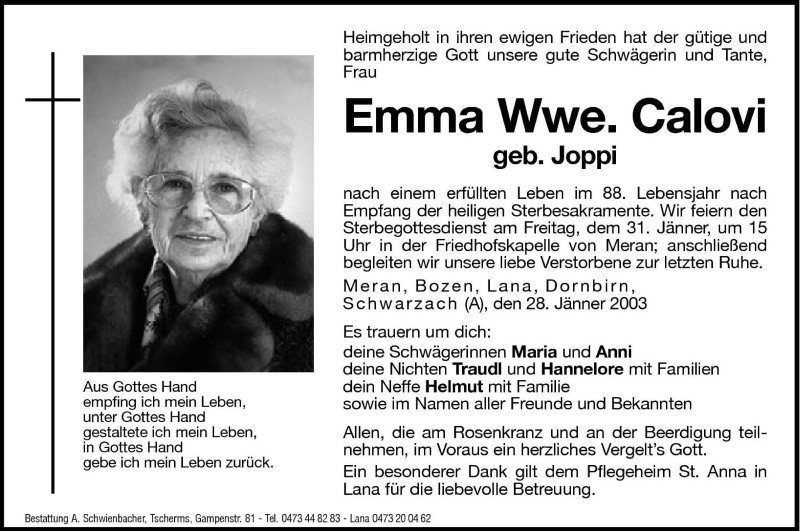  Traueranzeige für Emma Calovi vom 30.01.2003 aus Dolomiten