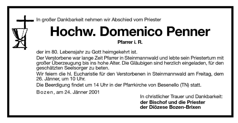  Traueranzeige für Domenico Penner vom 25.01.2001 aus Dolomiten