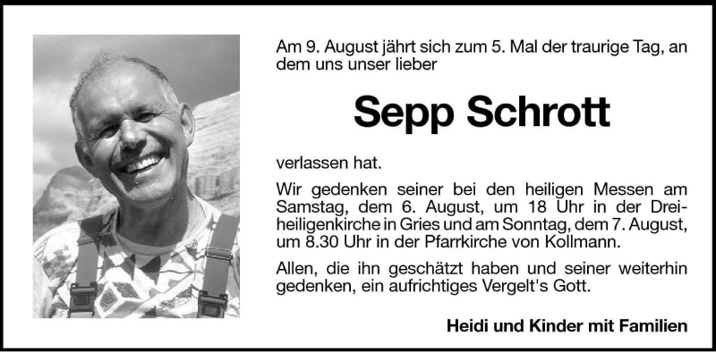  Traueranzeige für Sepp Schrott vom 04.08.2005 aus Dolomiten
