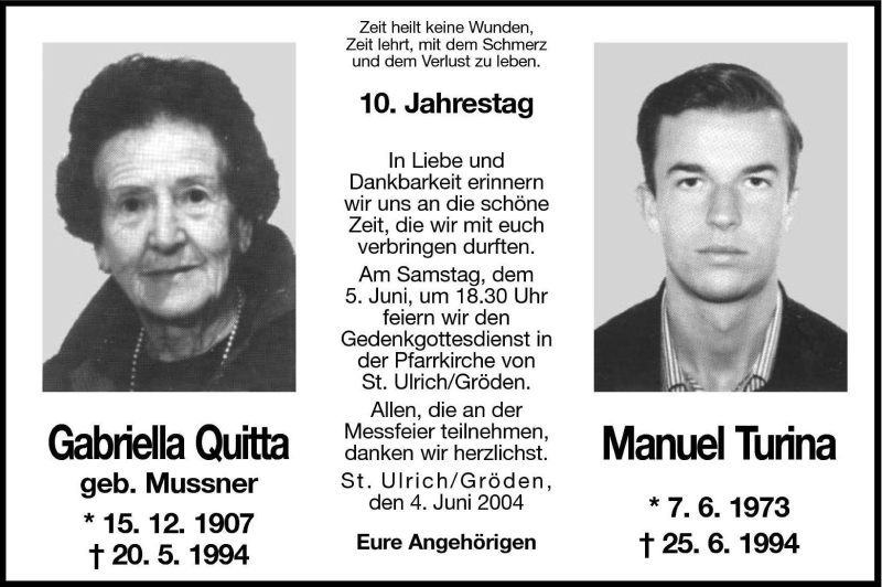  Traueranzeige für Gabriella Quitta vom 04.06.2004 aus Dolomiten