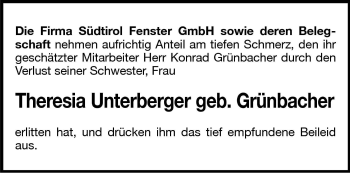 Traueranzeige von Theresia Unterberger von Dolomiten