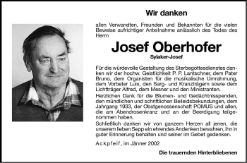 Traueranzeige von Josef Oberhofer von Dolomiten
