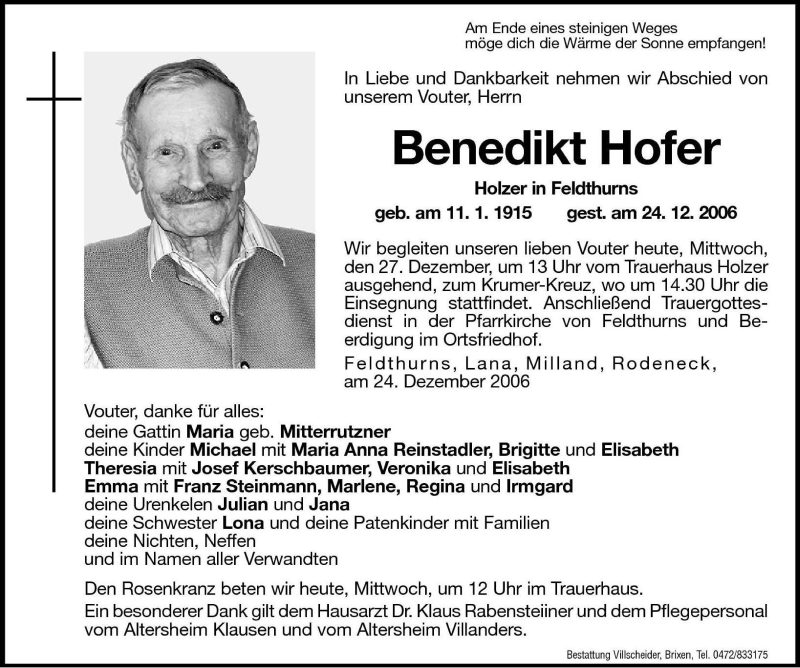  Traueranzeige für Benedikt Hofer vom 27.12.2006 aus Dolomiten