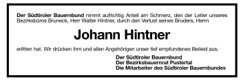 Traueranzeige von Johann Hintner von Dolomiten