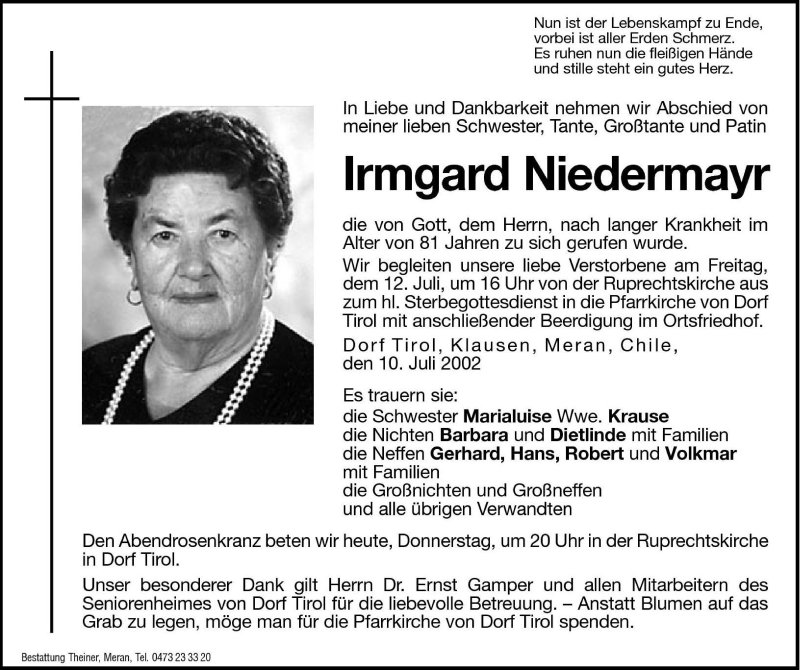  Traueranzeige für Irmgard Niedermayr vom 11.07.2002 aus Dolomiten