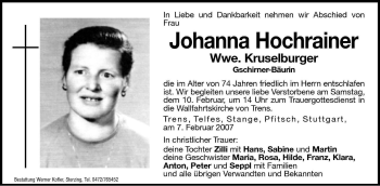 Traueranzeige von Johanna Kruselburger von Dolomiten