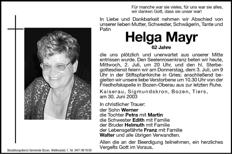  Traueranzeige für Helga Mayr vom 02.07.2003 aus Dolomiten