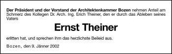 Traueranzeige von Ernst Theiner von Dolomiten