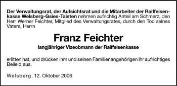 Traueranzeige von Franz Feichter von Dolomiten