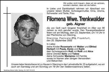 Traueranzeige von Filomena Trenkwalder von Dolomiten