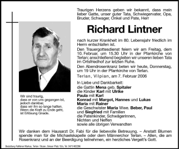 Traueranzeige von Richard Lintner von Dolomiten