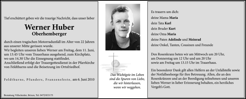  Traueranzeige für Werner Huber vom 09.06.2010 aus Dolomiten