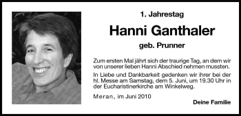 Traueranzeige von Hanni Ganthaler von Dolomiten