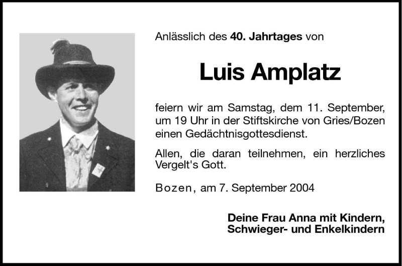  Traueranzeige für Luis Amplatz vom 09.09.2004 aus Dolomiten