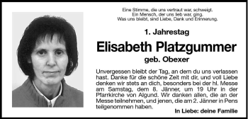 Traueranzeige von Elisabeth Platzgummer von Dolomiten