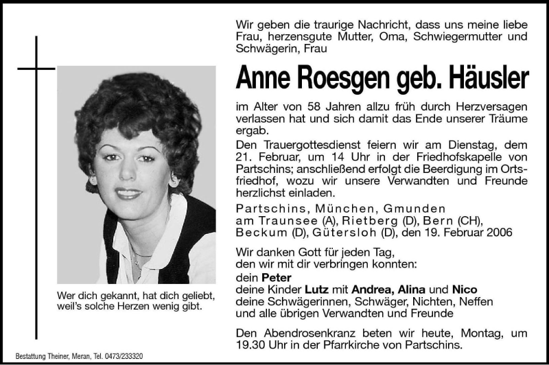  Traueranzeige für Anne Roesgen vom 20.02.2006 aus Dolomiten