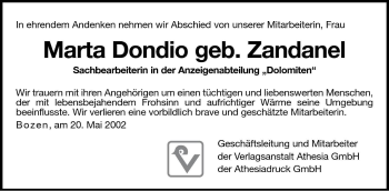 Traueranzeige von Marta Dondio von Dolomiten