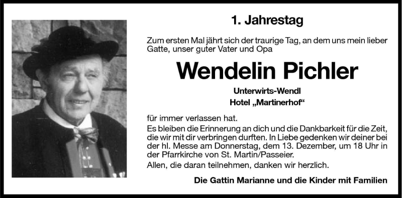  Traueranzeige für Wendelin Pichler vom 12.12.2001 aus Dolomiten