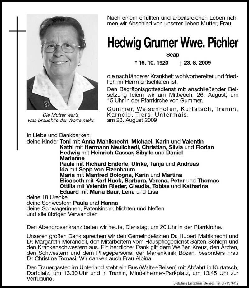  Traueranzeige für Hedwig Grumer vom 25.08.2009 aus Dolomiten